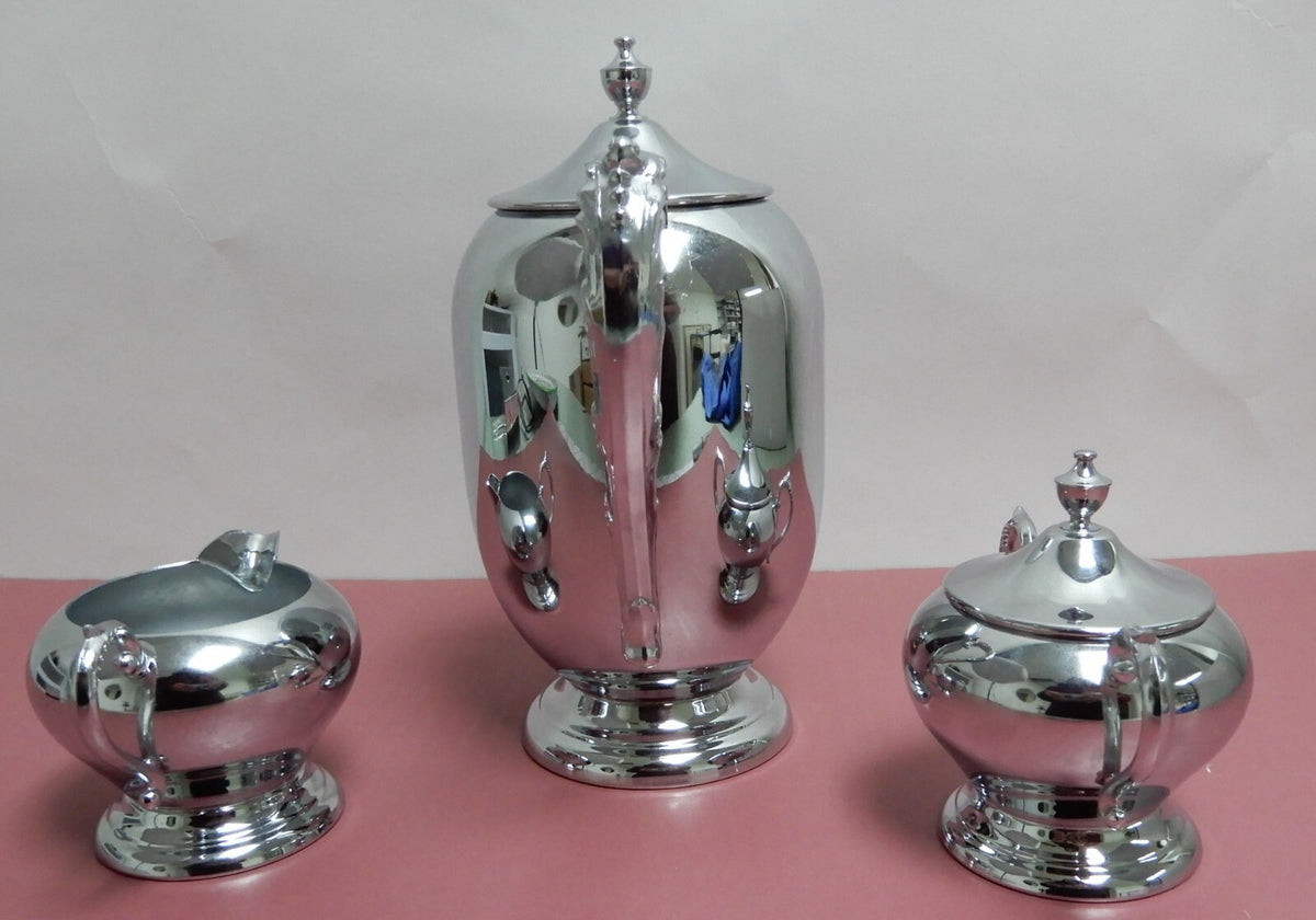 Vintage Sheridan Chrome Coffee Pot ,2 Handled Sugar Bowl w/Lid & Creamer