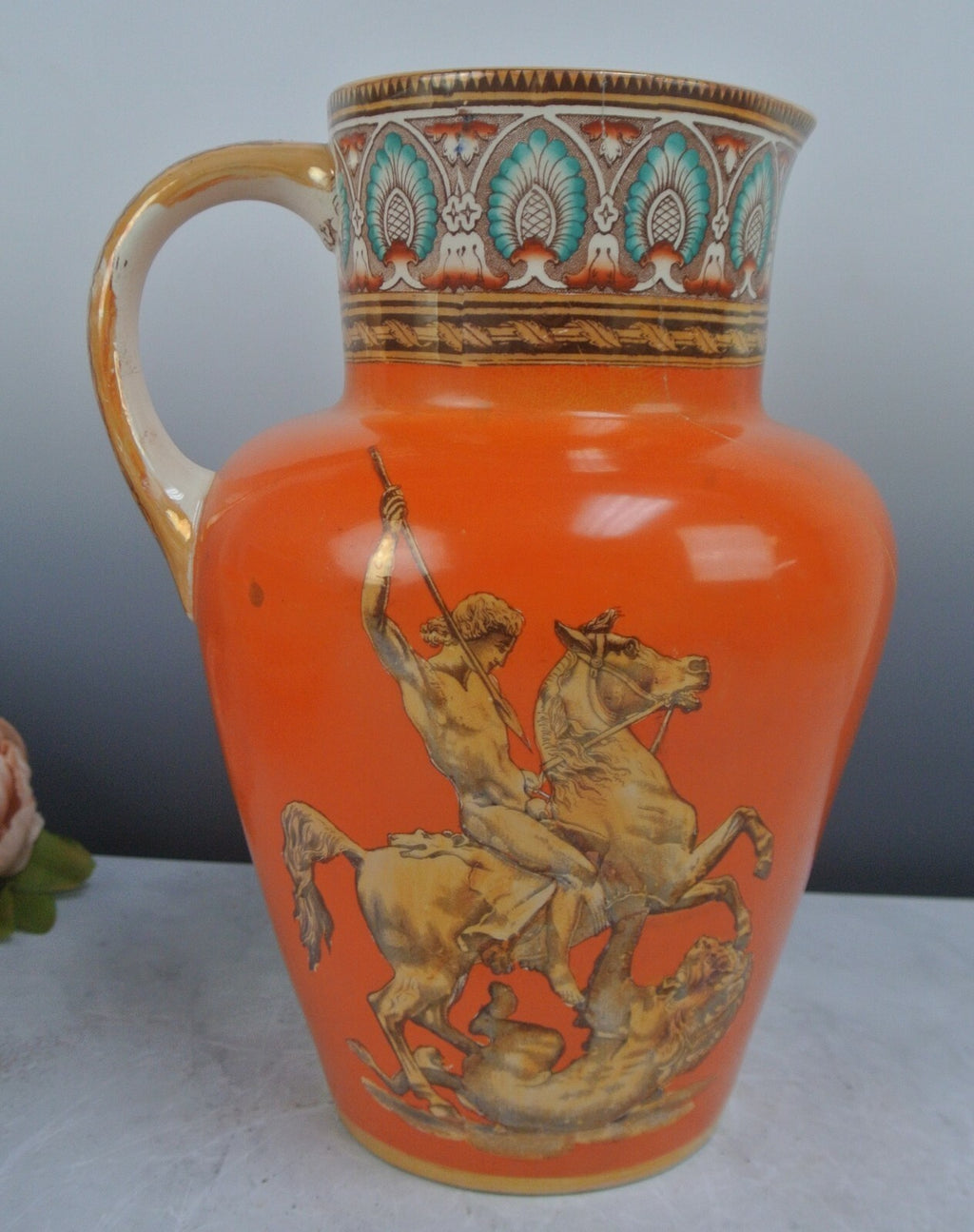 Vintage Furnival Ironstone Pottery Pitcher with Lion Fighter