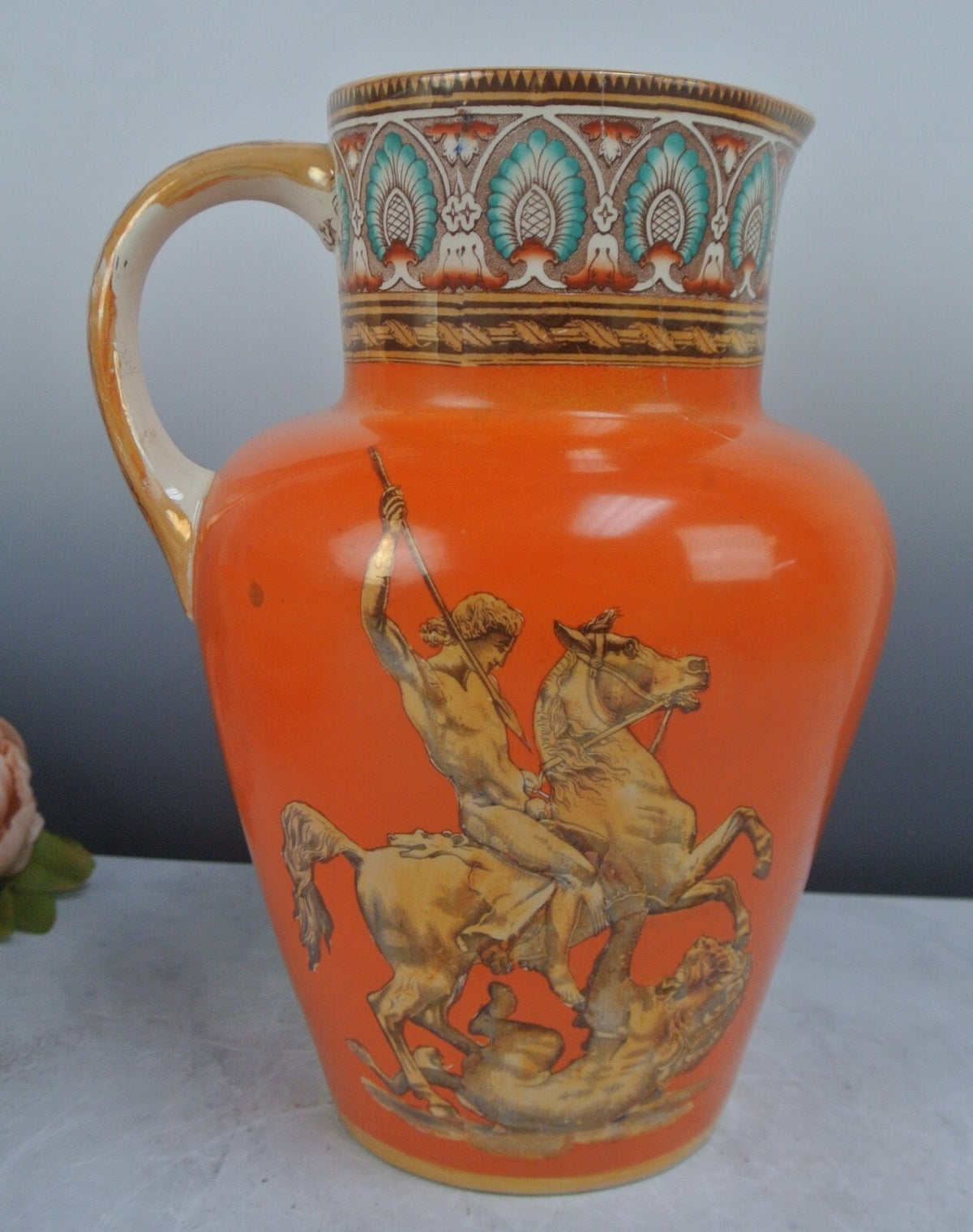 Vintage Furnival Ironstone Pottery Pitcher with Lion Fighter