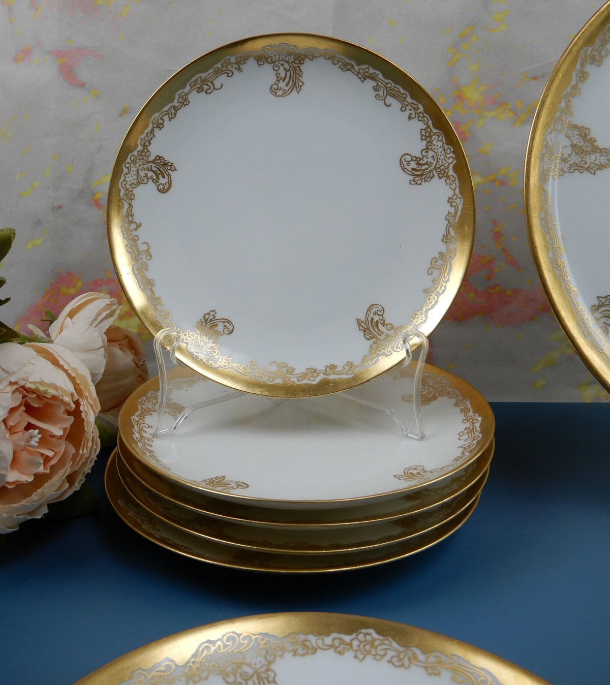 Antique Haviland France Gold Rim Cake Plate and 6 Dessert Plates