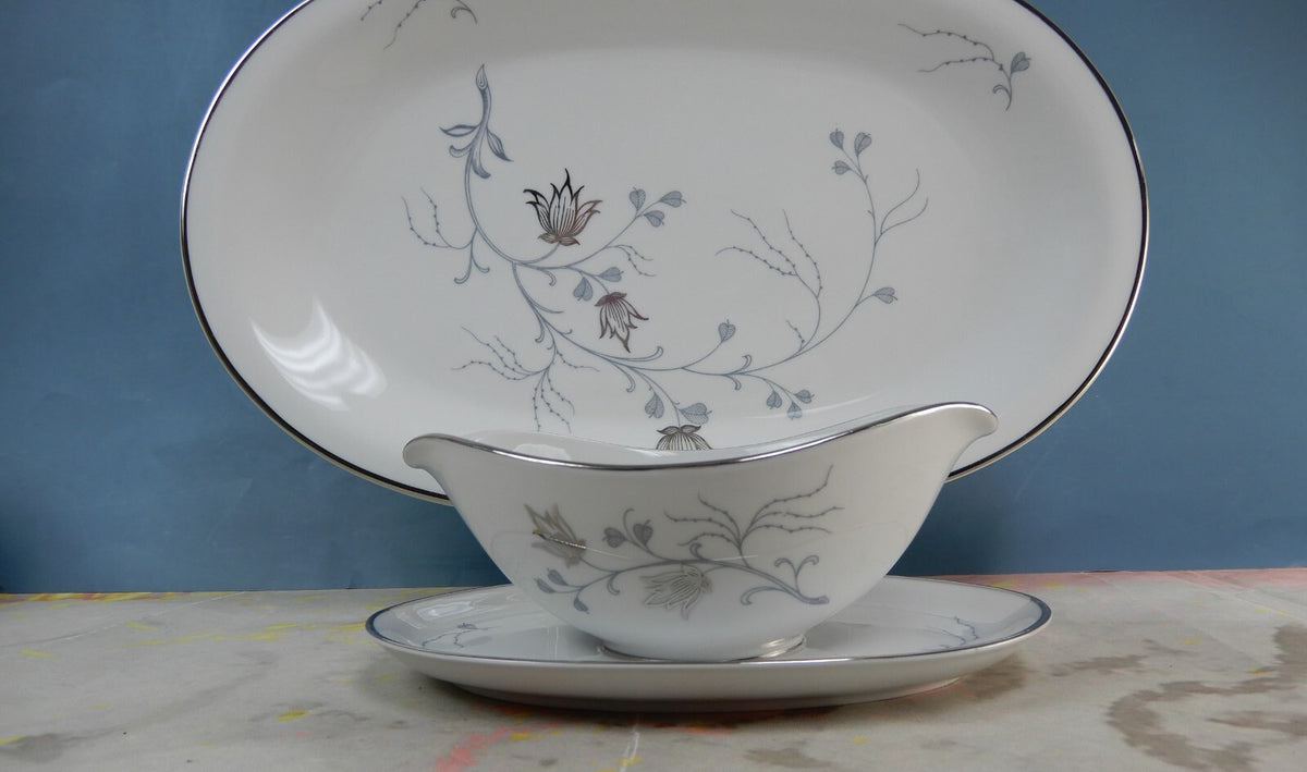 Vintage Eschenbach Bavaria Barronet China "Silver Arbor" Platter and Gravy Boat
