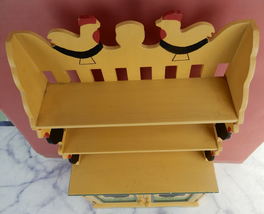 Vtge Small Wood Toy Plate Rack with 2 Shelves,2 Doors Hand Painted w/ Chickens