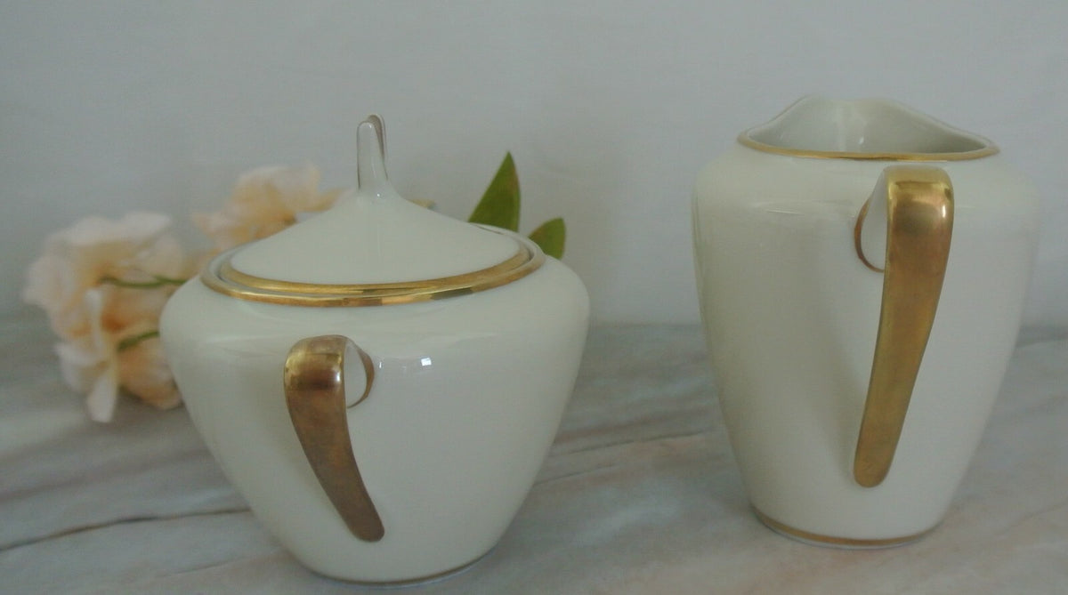 Vtge Winterling Marktleuthen Bavaria Creamer and Sugar Bowl Cream Color Gold Rim