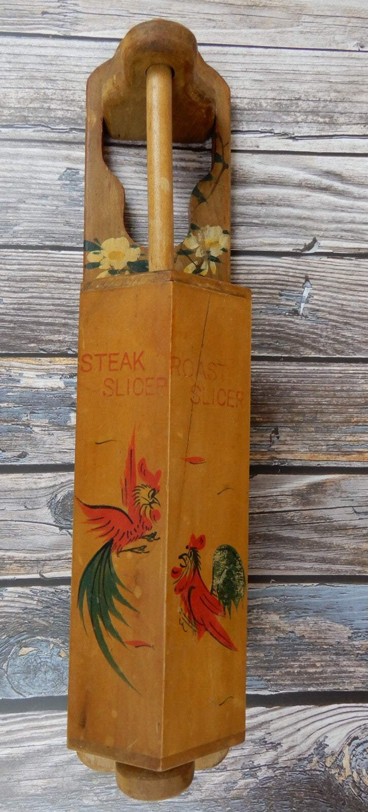 Vintage Wood Knife Holder Rack Wall Mount Kitchen Roosters & Chef Made in Japan