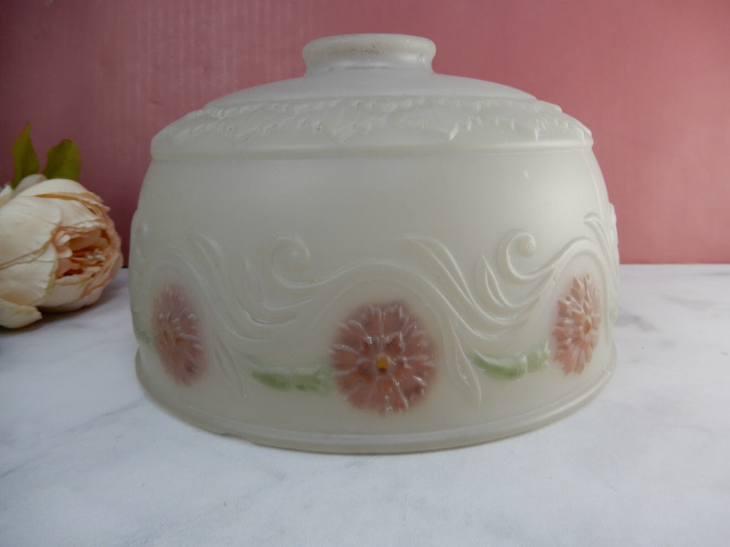 Vintage Frosted Glass Lamp Shade Reverse Painted Pink Flowers 4-7/8" Tall