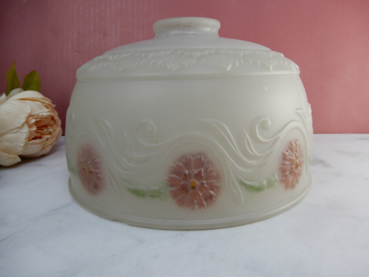 Vintage Frosted Glass Lamp Shade Reverse Painted Pink Flowers 4-7/8" Tall