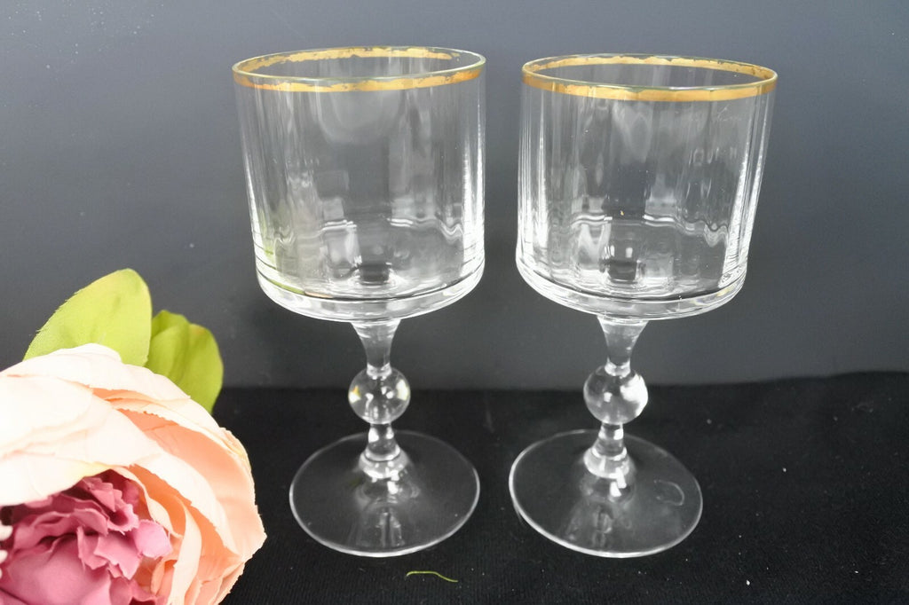 Lot Of 7 Vintage Ribbed Gold Rimmed Drinking Glasses Glasses Marked AC