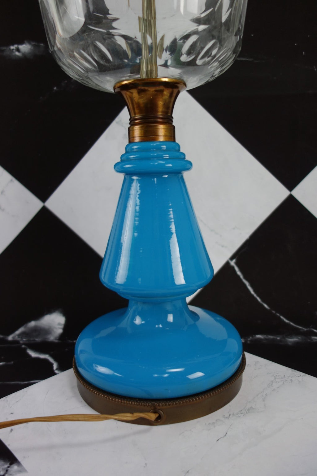 Vintage Turquoise Blue Opaline Glass Clear Top Glass Brass Base 3 Way Table Lamp