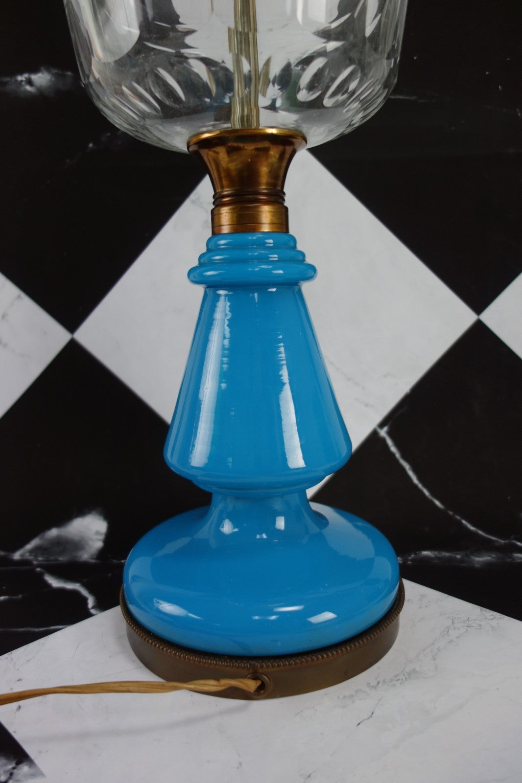 Vintage Turquoise Blue Opaline Glass Clear Top Glass Brass Base 3 Way Table Lamp