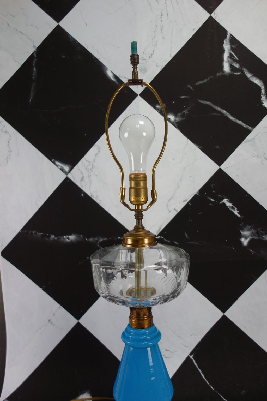 Vintage Turquoise Blue Opaline Glass Clear Top Glass Brass Base 3 Way Table Lamp