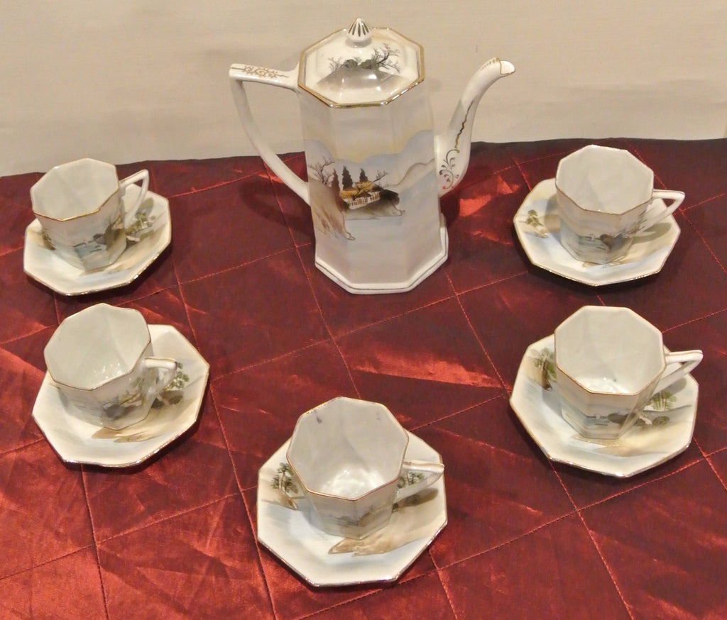 Vintage TE-OH China Tea/Coffee Pot w/ 5 Cups and Saucers Hand Painted Oriental