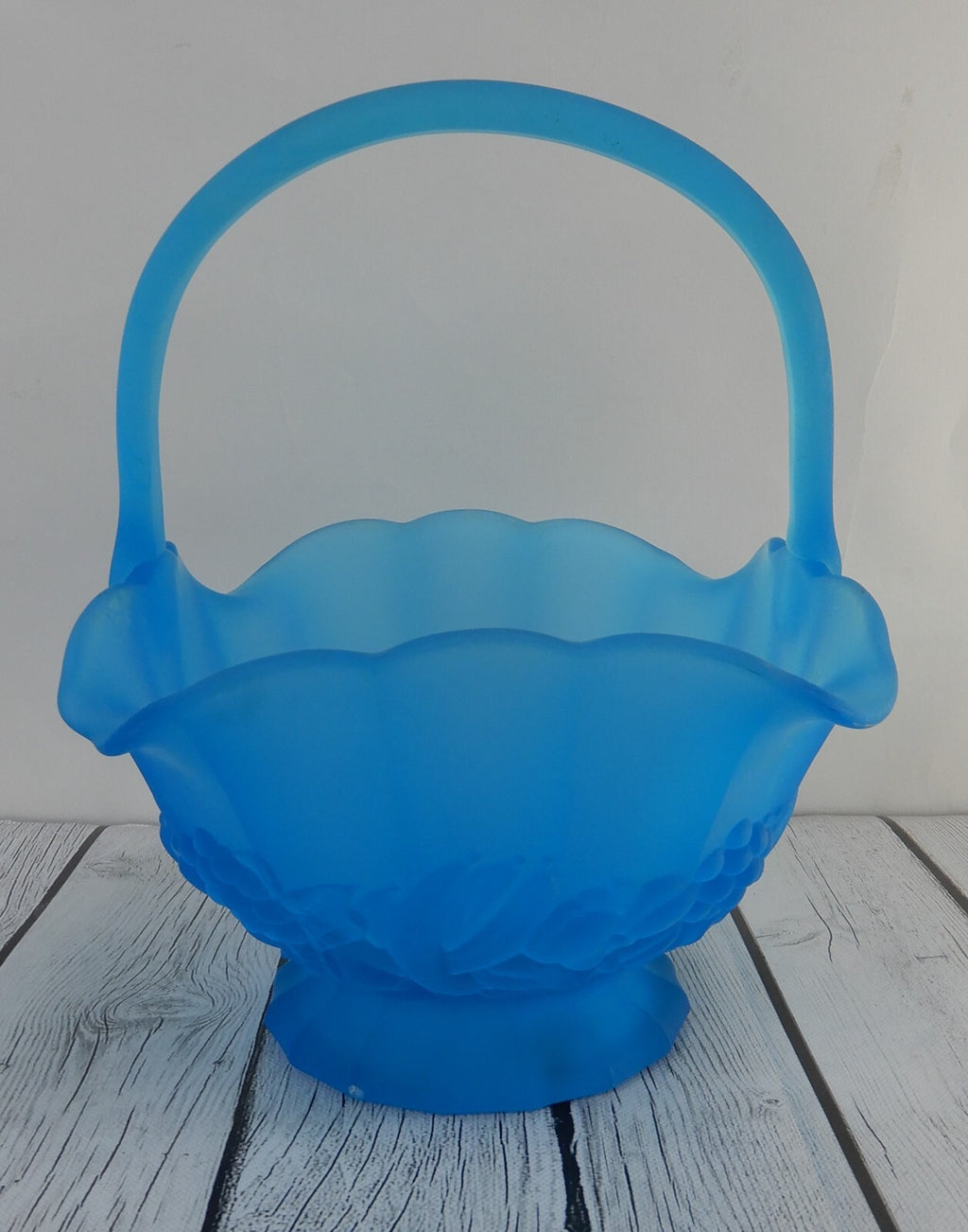 Vintage Fenton Blue Satin Glass Fruit Basket with Handle, 11-1/2” x 8” x 8-1/2”