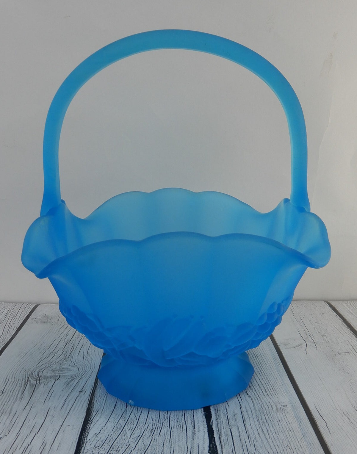 Vintage Fenton Blue Satin Glass Fruit Basket with Handle, 11-1/2” x 8” x 8-1/2”