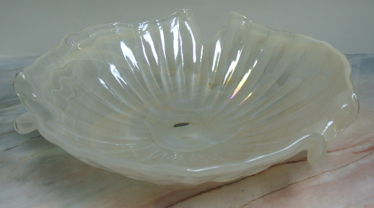 Pearl White Color Lavorazione Arte Murano Hand Blown Iridescent Center Bowl 16"
