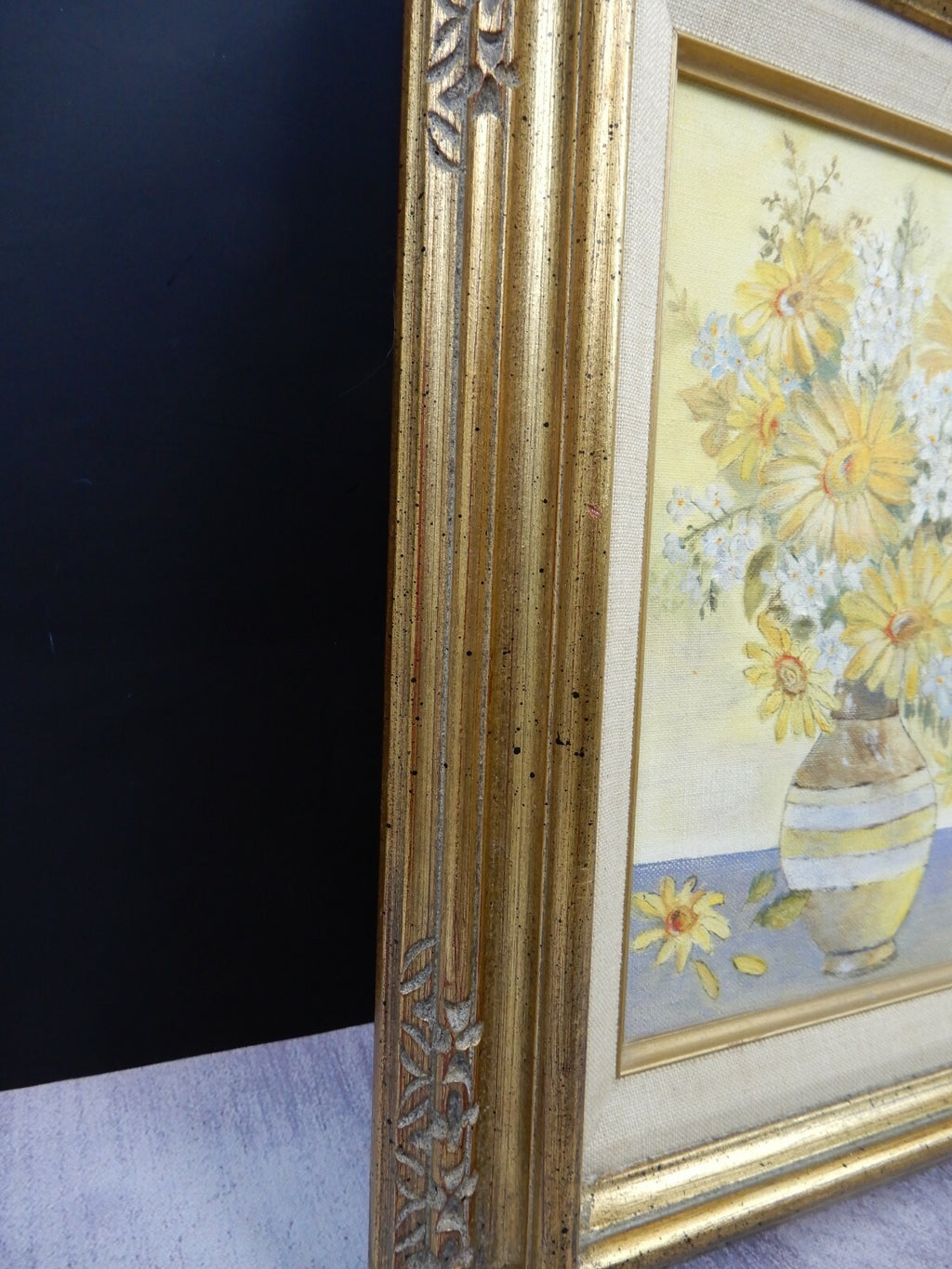 Vintage Oil Paint with Daisy Flowers in a Wood Frame