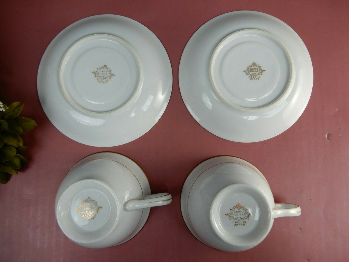 Set Of 4 Shofu China Footed Cup And Saucer W/ Gold Trim