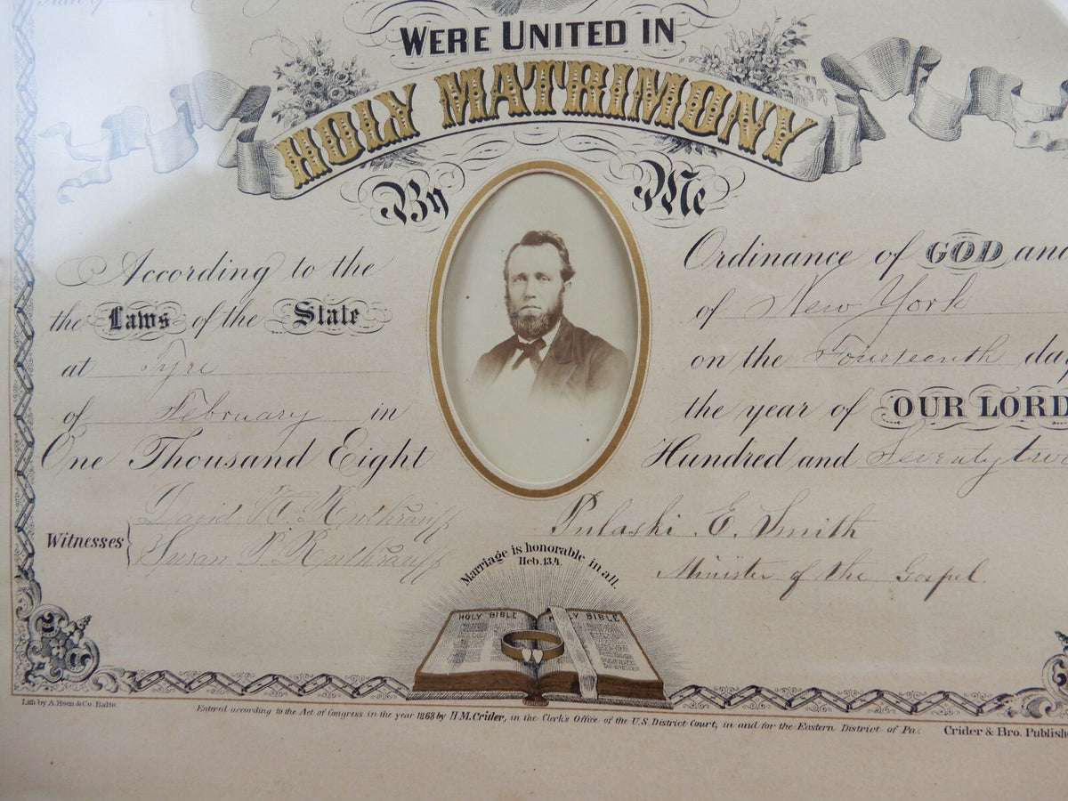 Circa 1872 Marriage Certificate in Gold Embossed Wood Hand Painted 22" Frame