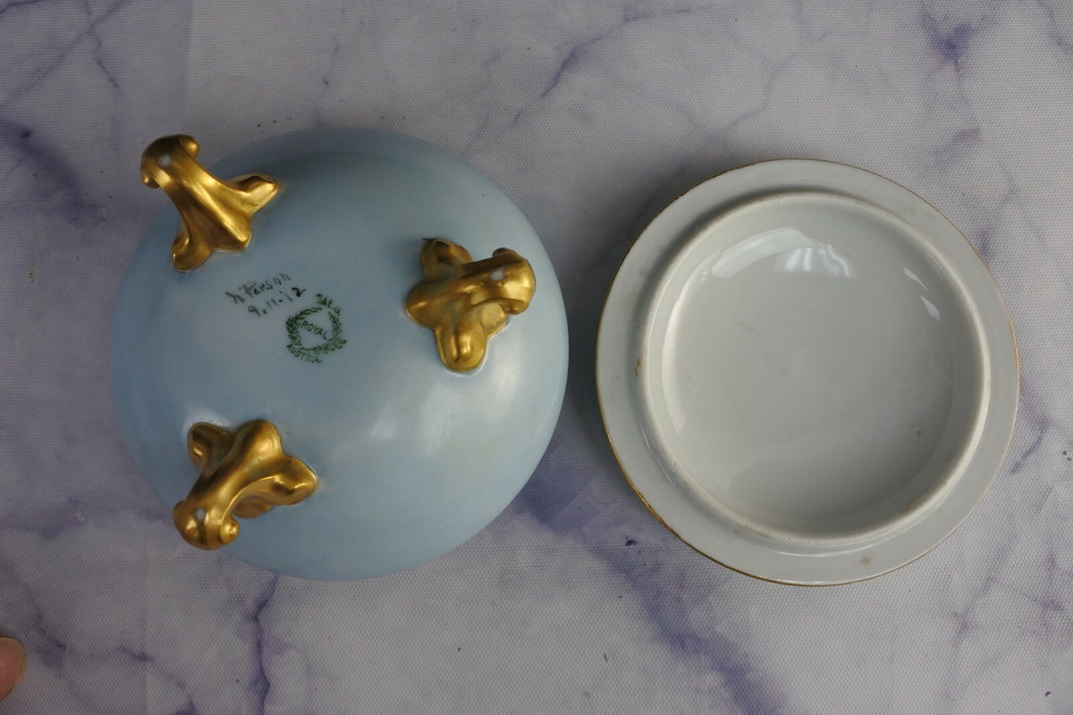 O.& E.G. Royal Porcelain Flower Vase, Hair Receiver, And Powder Jar Vanity Set