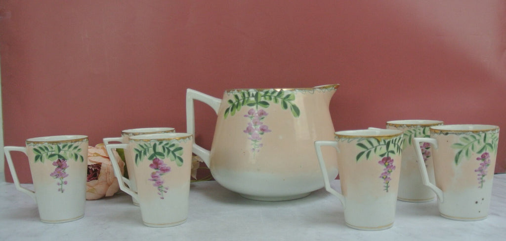Vintage JE-OH China Lemonade/Cider Pink Floral Pitcher with 6 Cups