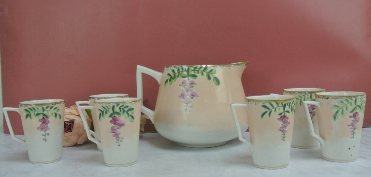 Vintage JE-OH China Lemonade/Cider Pink Floral Pitcher with 6 Cups