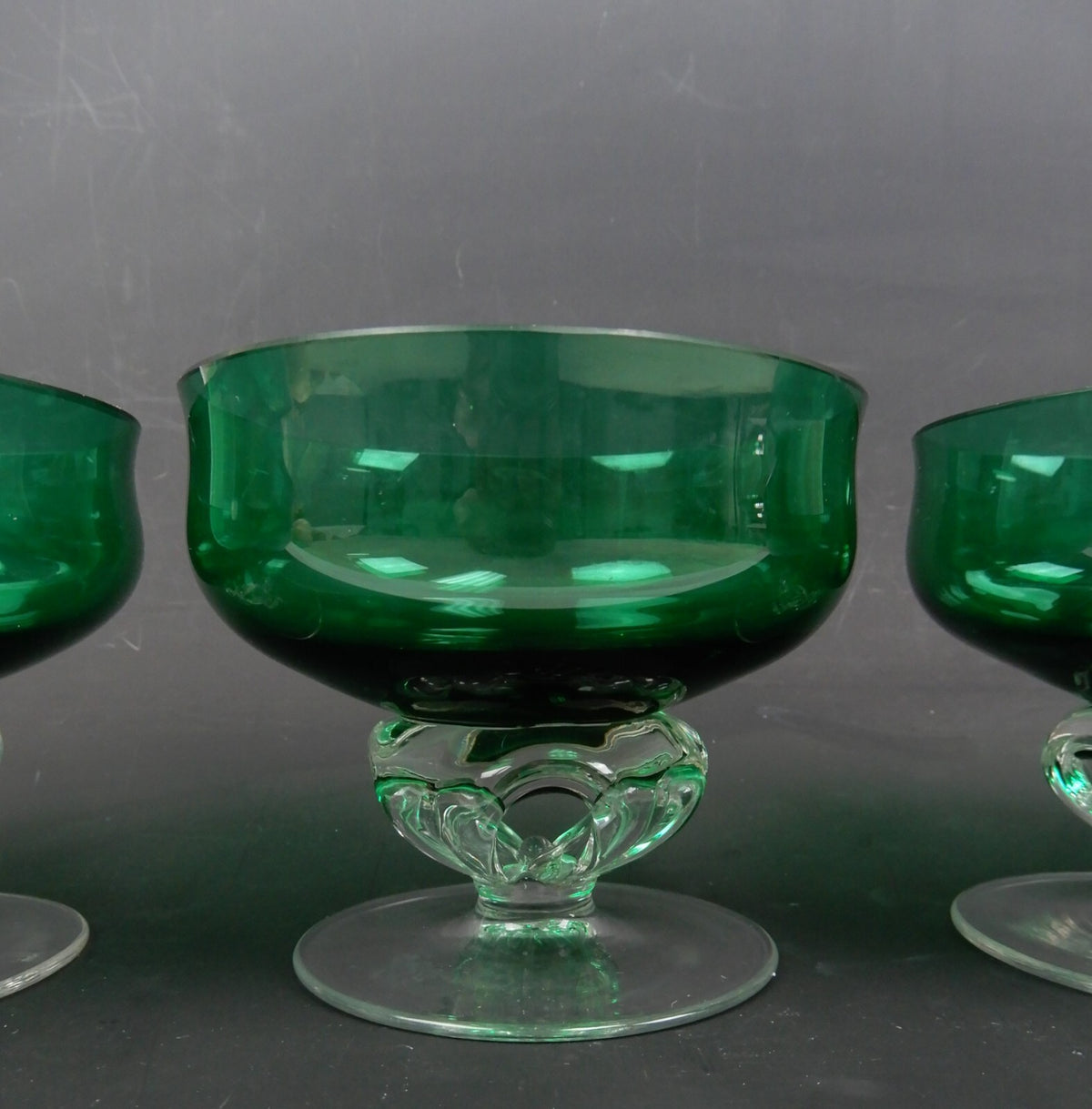 4 Hand Blown Forest Green with Clear Stemmed Sherbet 8 oz Glasses