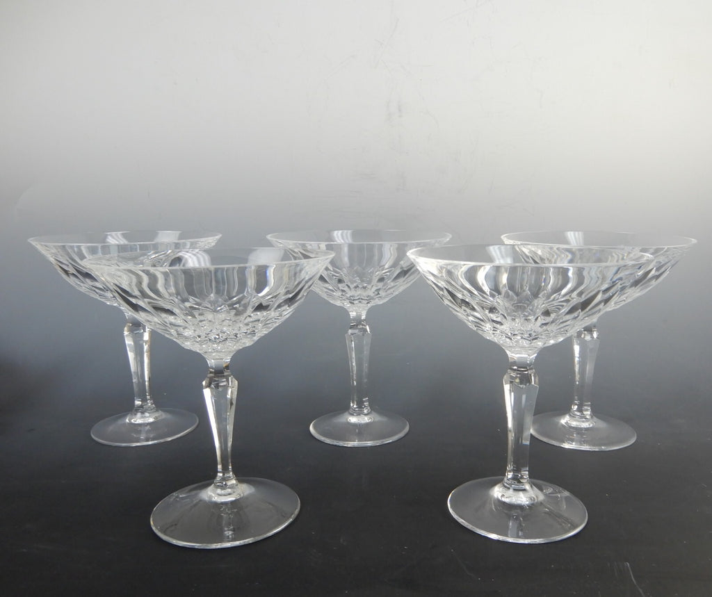 Josair Edith Crystal Stem 5 Saucer Champagne Feather Cuts Glasses