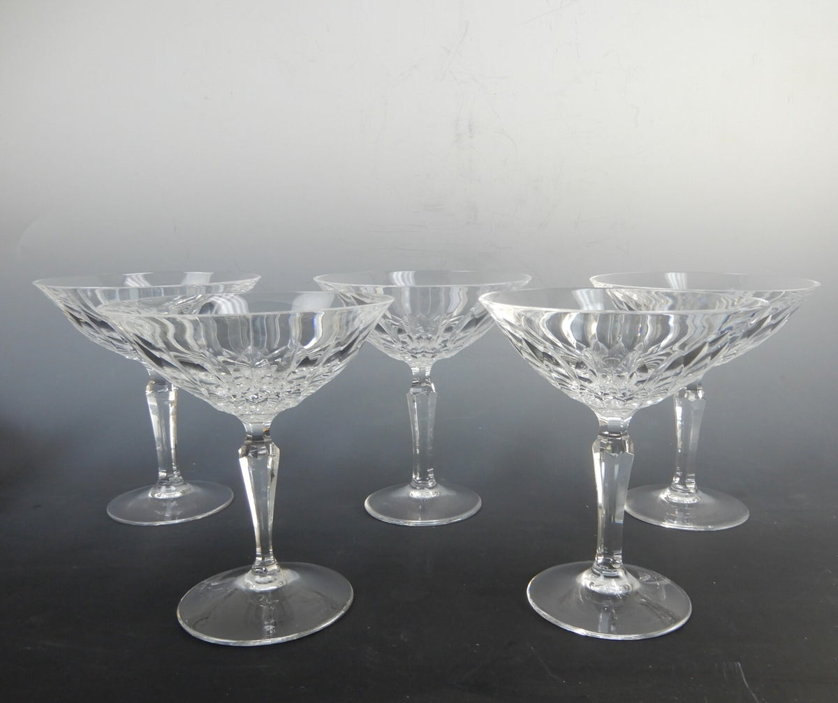 Josair Edith Crystal Stem 5 Saucer Champagne Feather Cuts Glasses