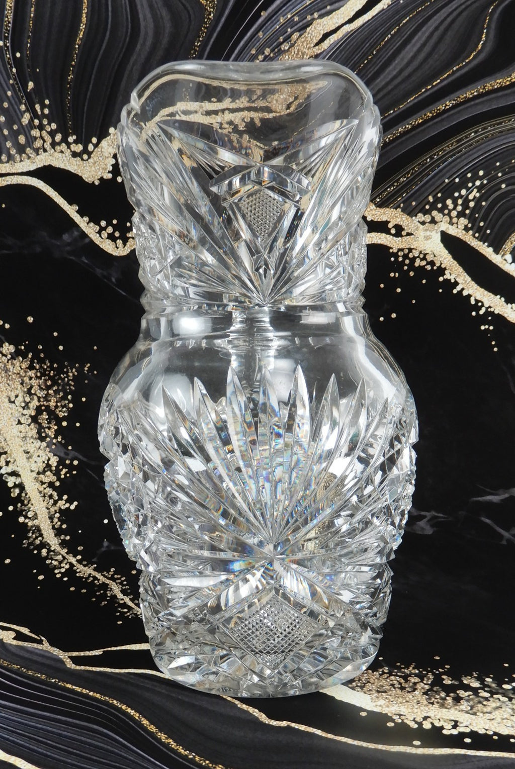 American Brilliant Period ABP Heavy Crystal Cut Glass Hobstar,Fan Notched Handle