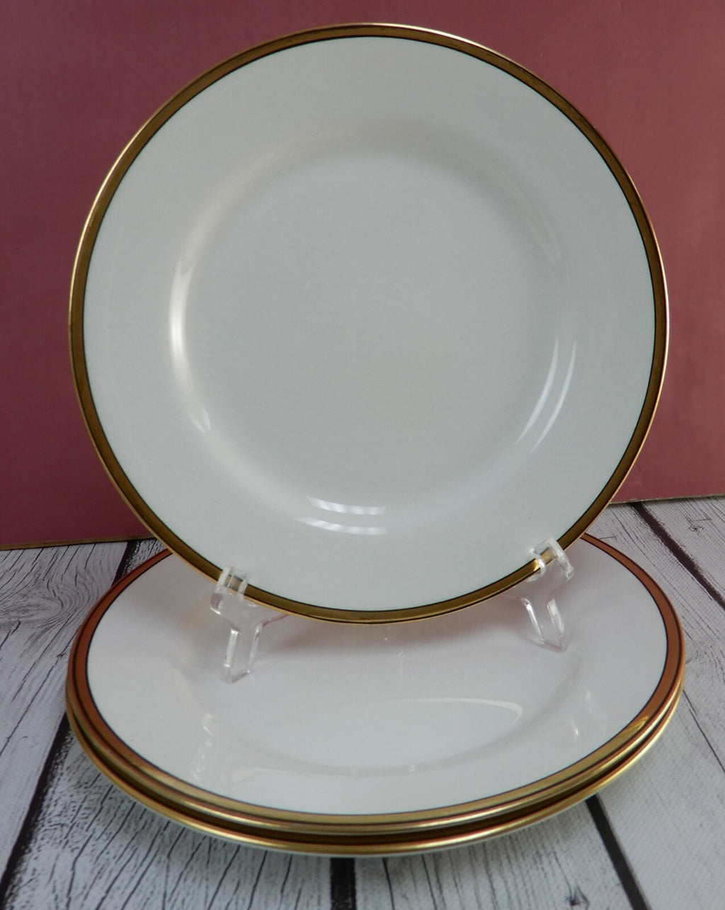 Lot of 6 Johnson Brothers England White Gold  and Black Rims 8" Salad Plates