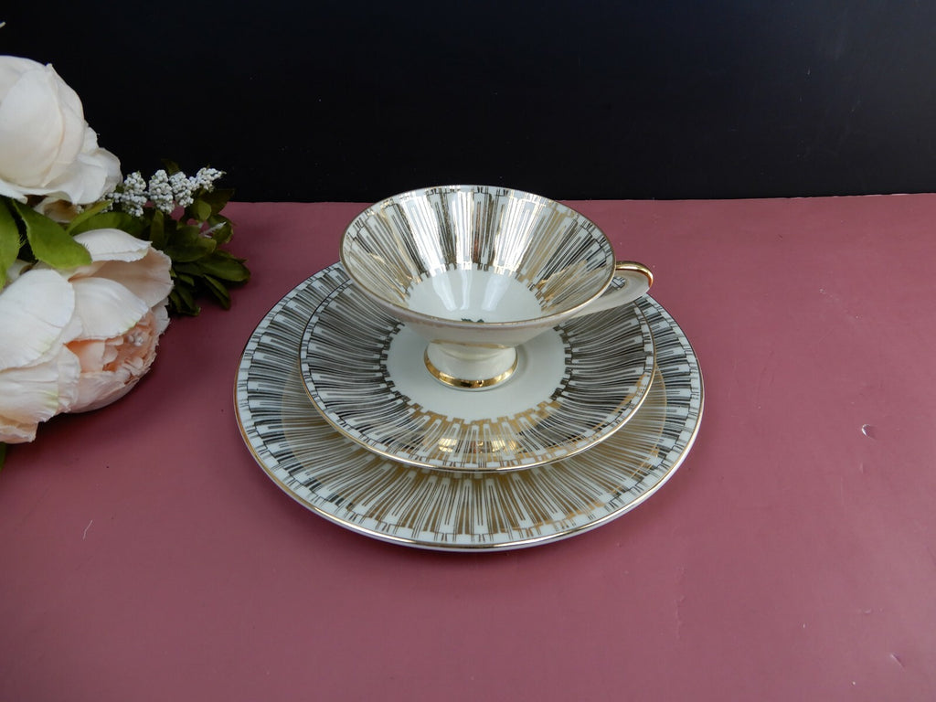 Vintage Beige Tea Set Cup Saucer Dessert Plate Rose Bottom Gold Accent