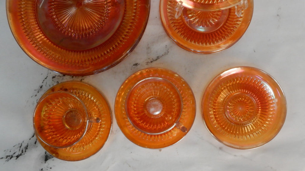 Vintage 12 Pc. Sunburst Iridescent Marigold Jeanette Glass Anniversary Pattern