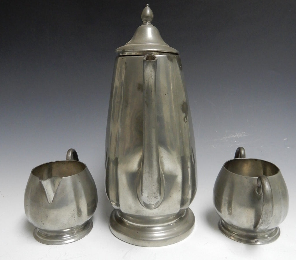Vintage Crescent Pewter Metal Coffee Pot, Creamer, and Sugar Bowl New York 1930s
