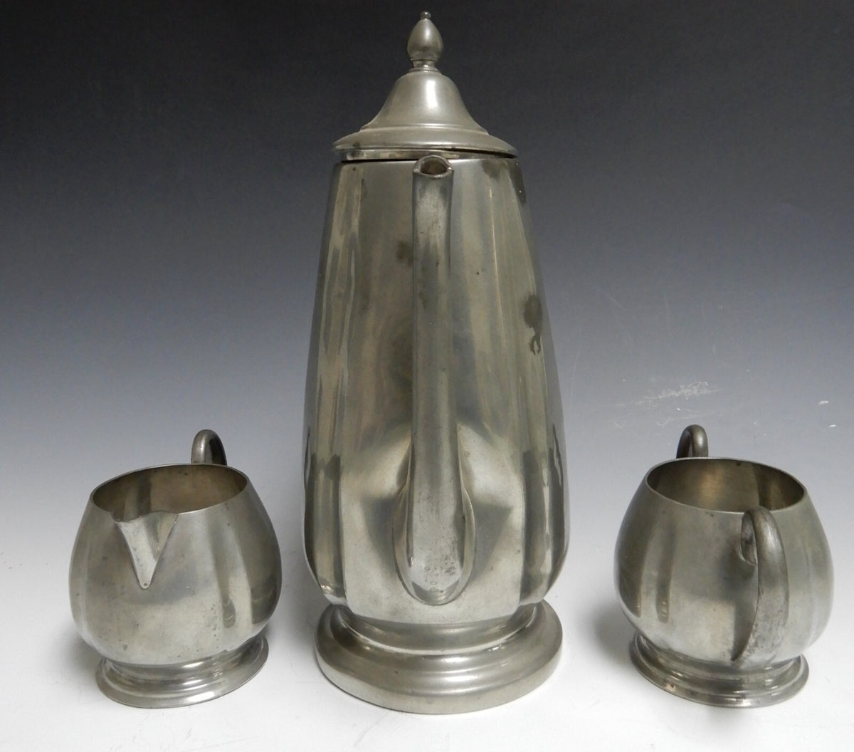 Vintage Crescent Pewter Metal Coffee Pot, Creamer, and Sugar Bowl New York 1930s