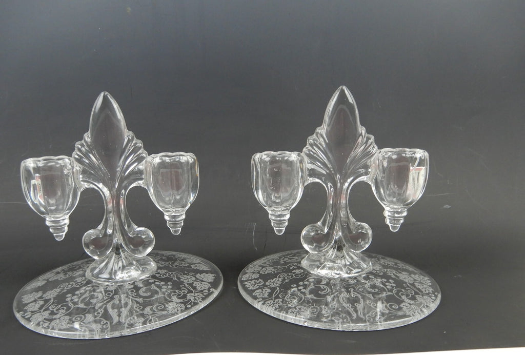 Pair of New Martinsville "Florentine" Double Light Fleur De Lis Candle Holders
