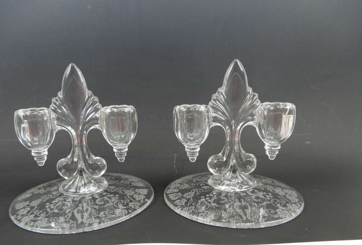 Pair of New Martinsville "Florentine" Double Light Fleur De Lis Candle Holders