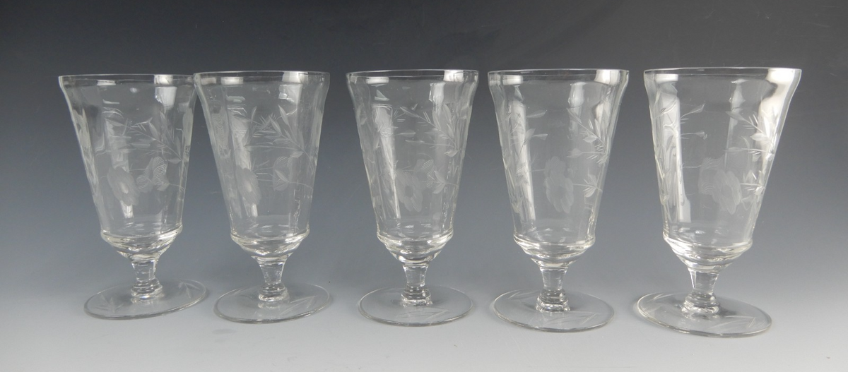 Set of 5 Optic Parfait /ice tea Floral Etch Glasses 5-3/8" High ~ Hold 14oz