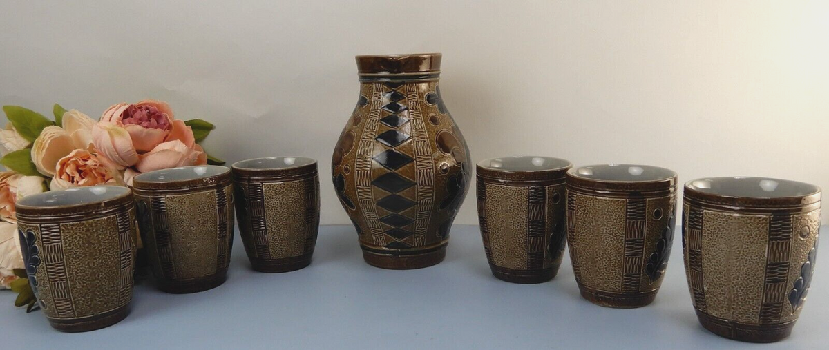 Vintage Marzi Remy German Stoneware Brown Blue Salt Glaze Wine /Jug W/ 6 Cups