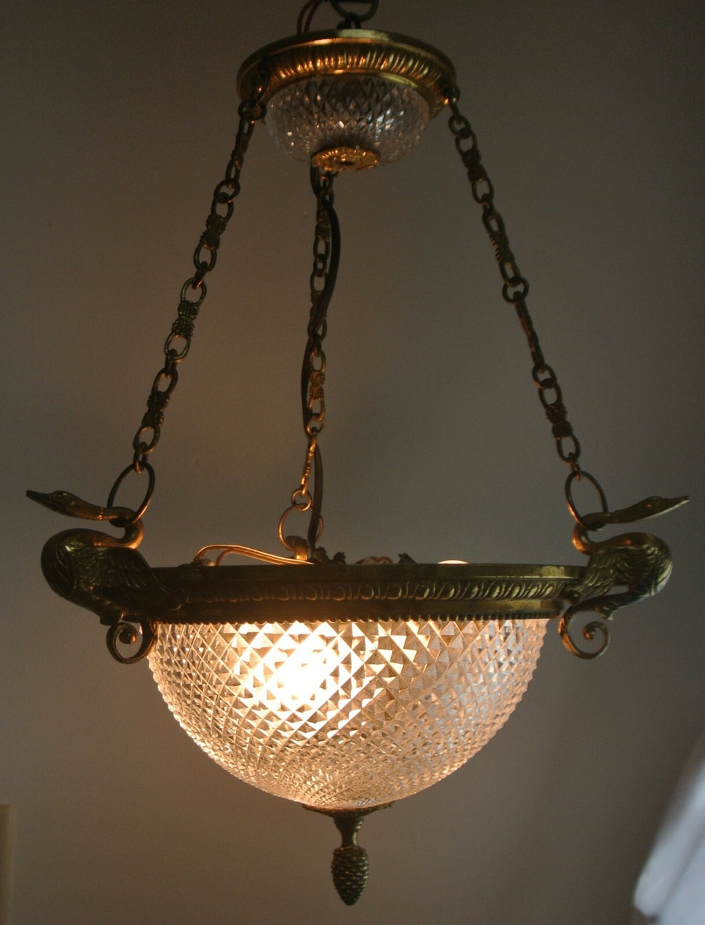 Vintage French Brass Ceiling Fixture Chandelier with Cut Glass Crystal Body