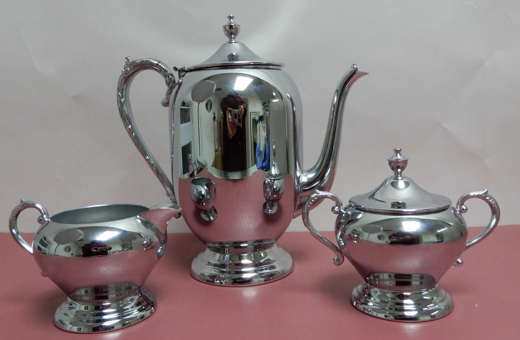 Vintage Sheridan Chrome Coffee Pot ,2 Handled Sugar Bowl w/Lid & Creamer