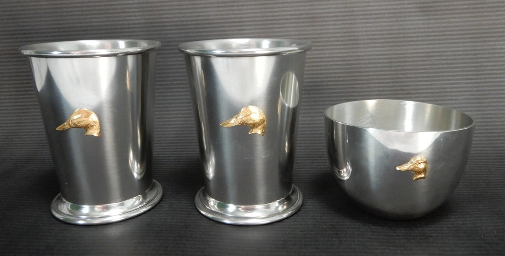 Kirk Stieff English Pewter 2 Julep Cups  and one Jefferson Cup w/Gold Ducks