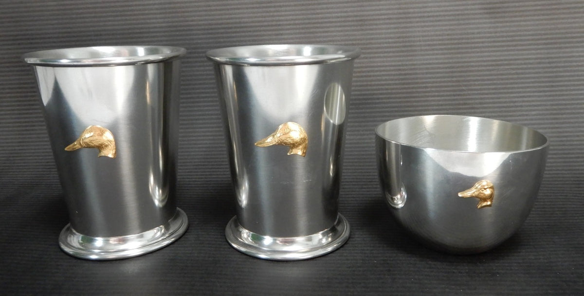 Kirk Stieff English Pewter 2 Julep Cups  and one Jefferson Cup w/Gold Ducks