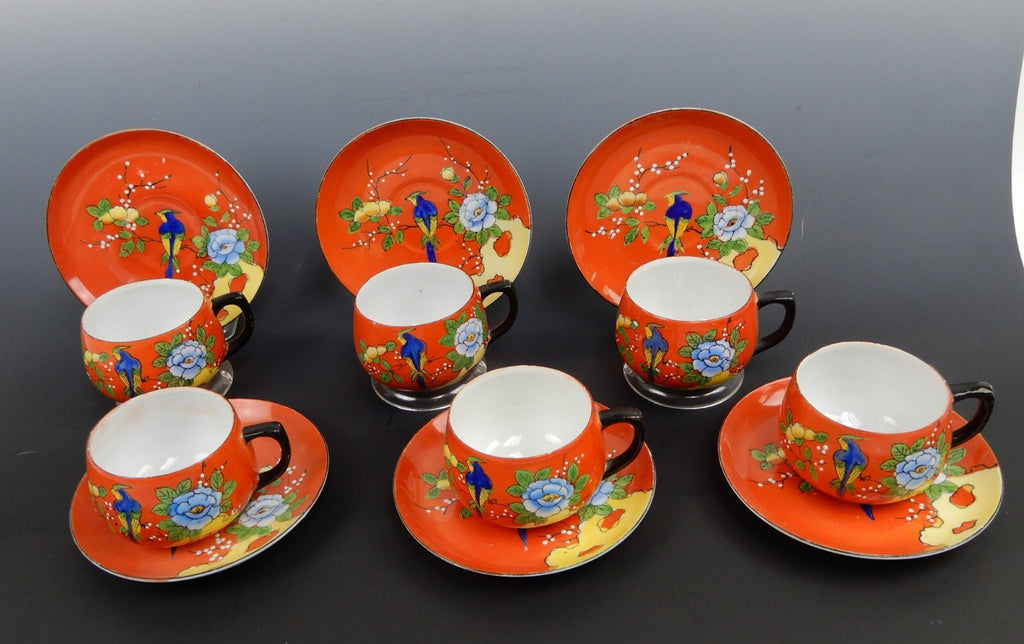 Set of 6 Chikaramachi Japan Hand Painted Bird Asian Florals Cup and Saucer