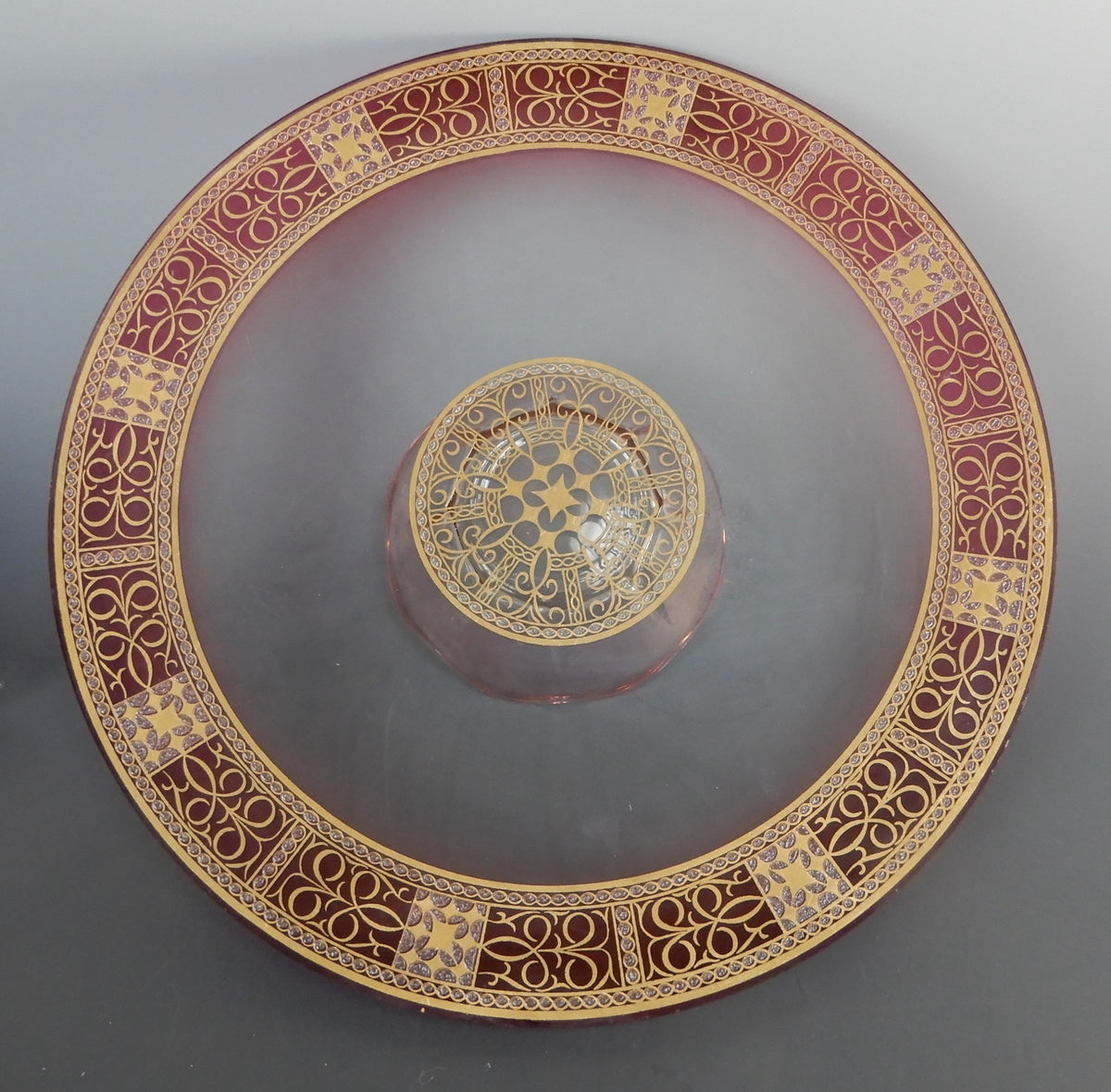 Vintage Glass Red and Gold Cake Stand ,Center Piece 11-1/2" Diameter
