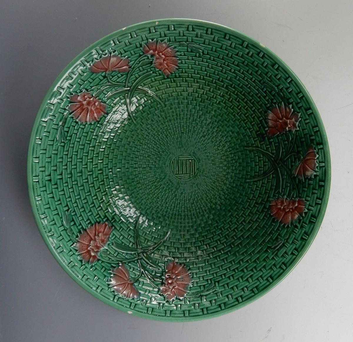 Antique Majolica Plate G S Zell Baden 7494 Basketweave  9-1/2" Bowl Ca. 1907