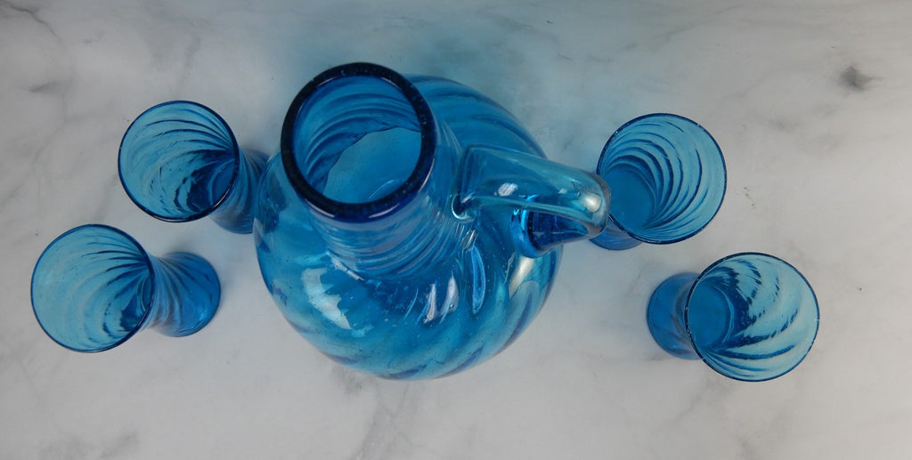 Vintage Avalos Mexican Tornillo Turquoise Hand Blown Pitcher and Four Glasses