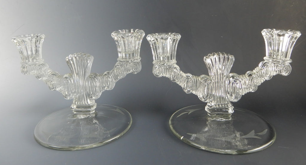Pair of Paden City Largo Double Light Candle Holders Etch Leaf Base