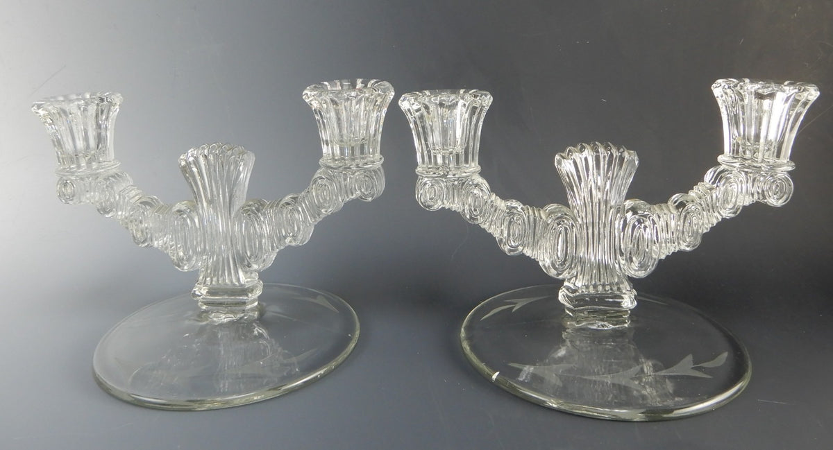 Pair of Paden City Largo Double Light Candle Holders Etch Leaf Base