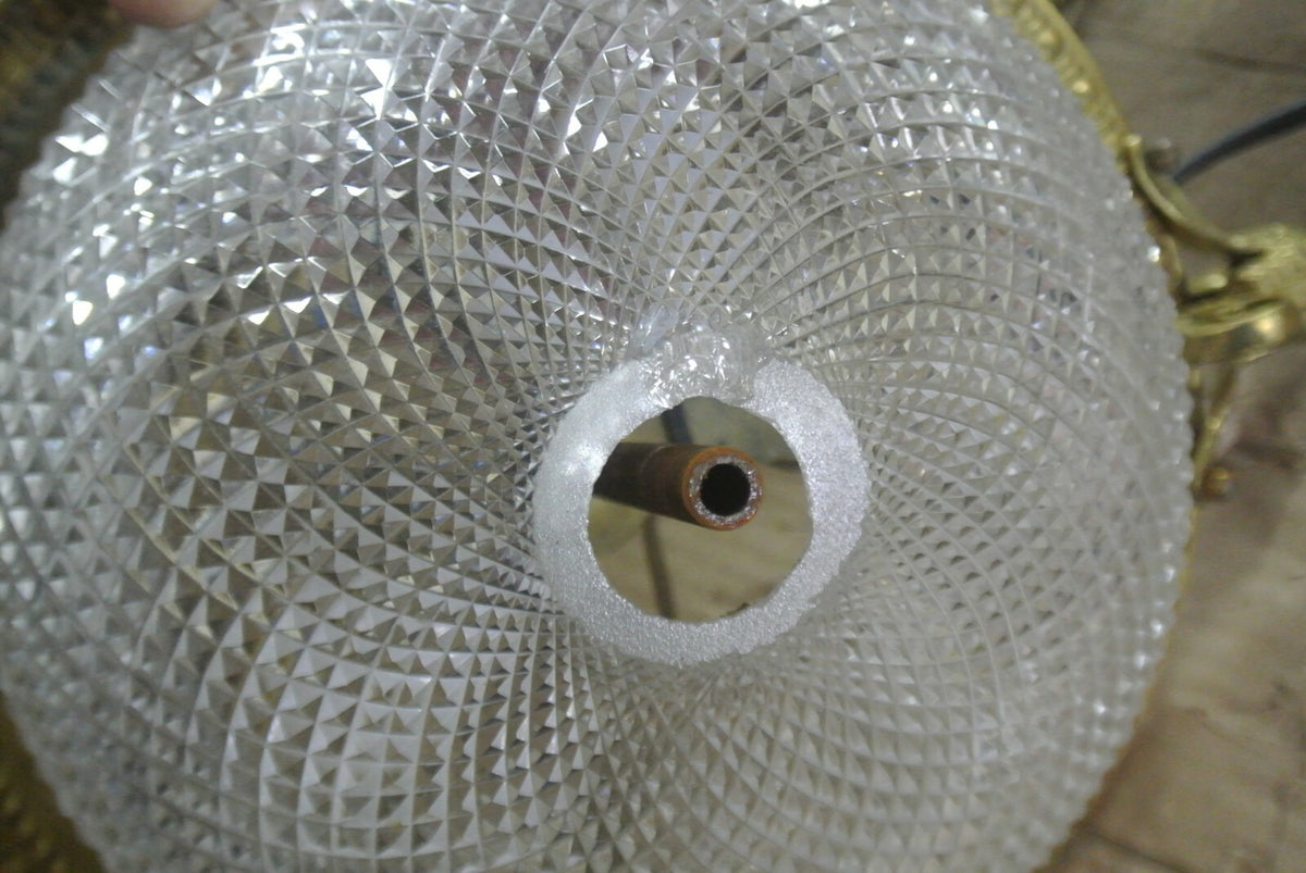 Vintage French Brass Ceiling Fixture Chandelier with Cut Glass Crystal Body