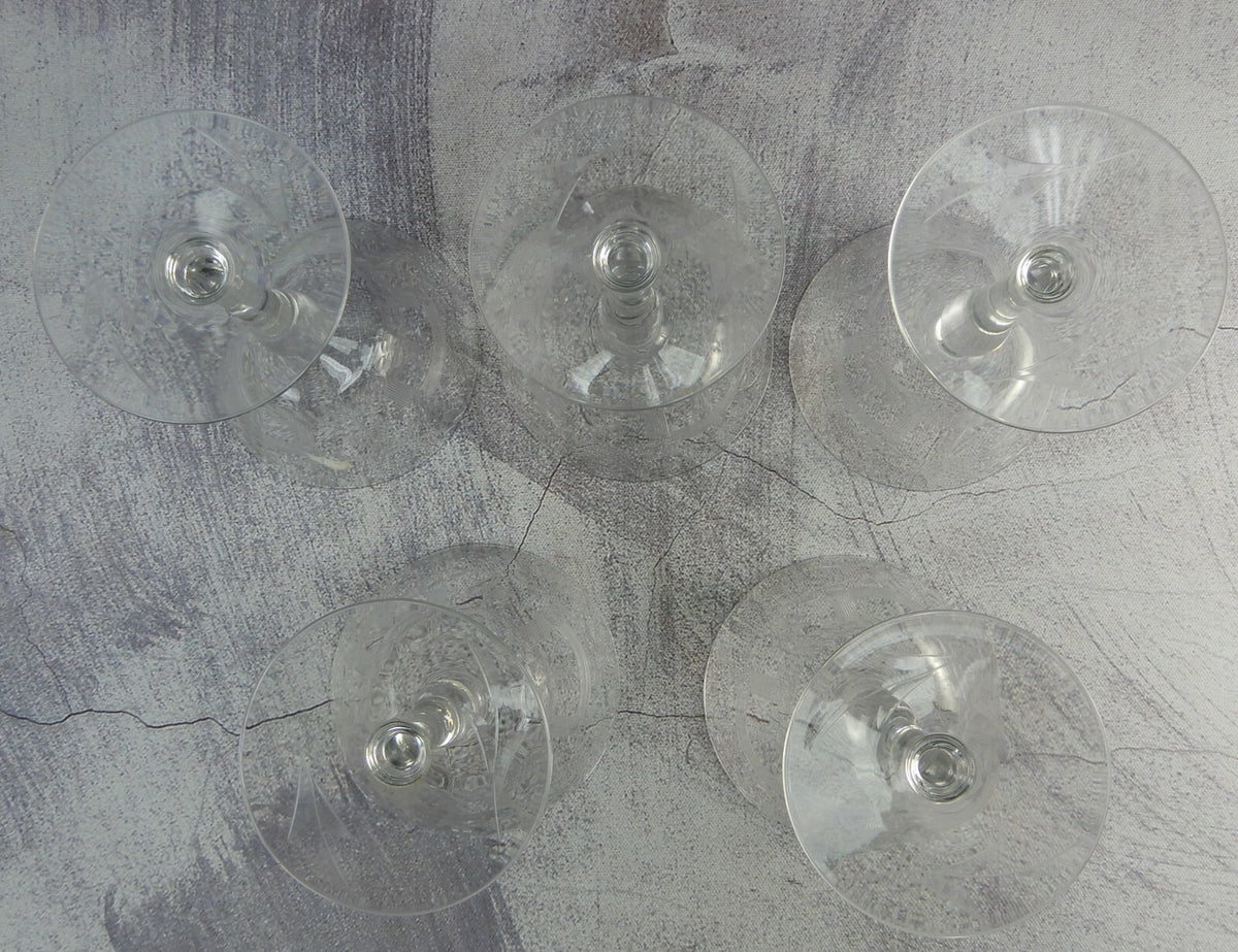 Set of 5 Flower Ornate Etched Old Crystal Champagne/ Sherbet 6oz Glasses