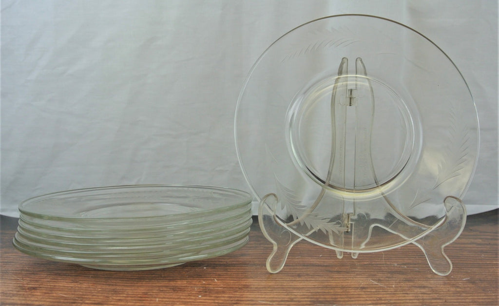 7 Clear 8" Dining Room Set Glass Plates Set With Leaf Pattern Etched